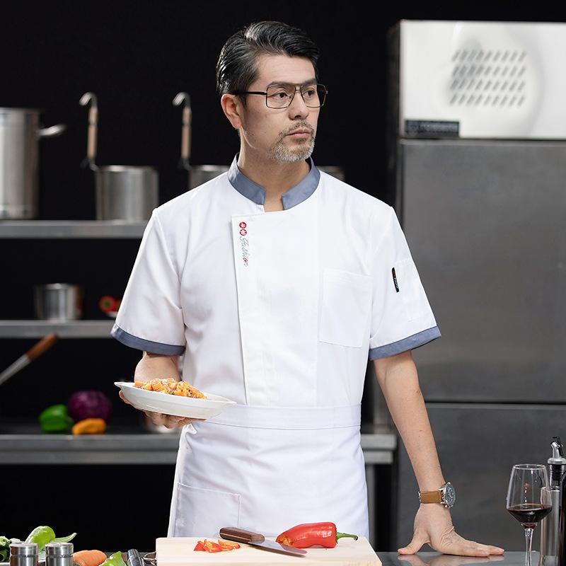 コックコート メンズ 半袖 吸汗速乾 耐摩耗性 春夏 飲食店 ホテル レストラン 中華料理店 厨房 製菓 ベーカリー ユニフォーム 制服 綿混 業務用 白 黒 青