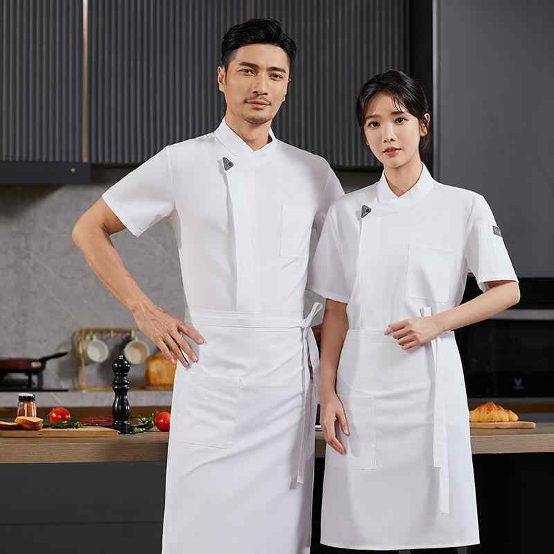 コックコート メンズ 半袖 吸湿速乾 ホテル レストラン 飲食店 厨房 キッチン 業務用 作業服 ユニフォーム 制服 綿混素材 スタイリッシュデザイン 白 黒 グレー ブルー