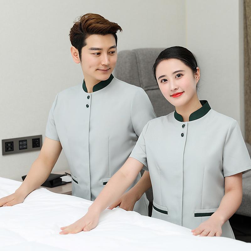 清掃服 男女兼用 吸汗速乾 半袖 春夏 ホテル 旅館 施設 マンション 清掃業務 業務用 作業着 ユニフォーム 快適 綿混 ポリエステル混 グリーン ベージュ トップス