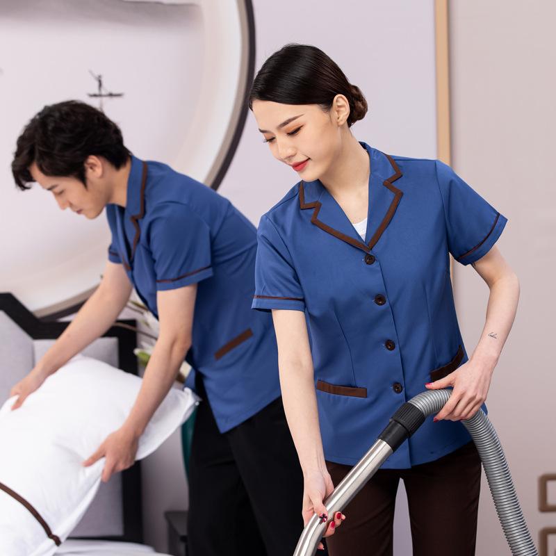 清掃ユニフォーム 男女兼用 半袖 吸湿速乾 ホテル 客室係 ビル管理 清掃スタッフ 作業服 夏用 綿混 ポリエステル ダークブルー ライトブルー ベージュ