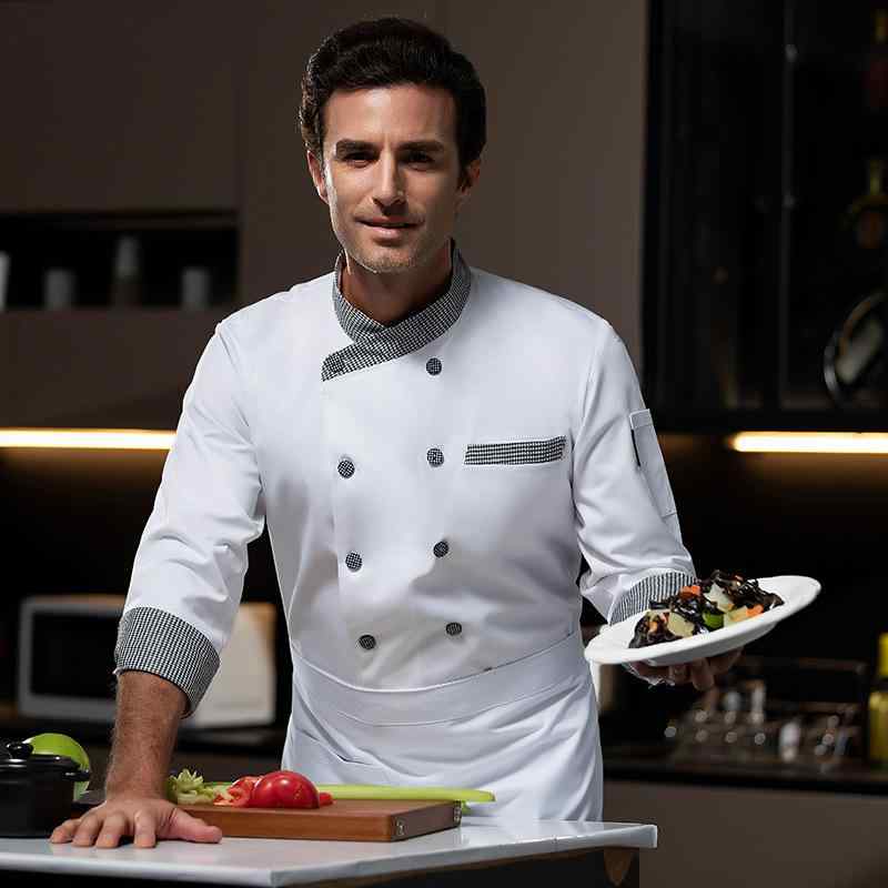 コックコート メンズ 吸汗速乾 長袖 格子柄 スタンドカラー 白 綿混素材 飲食店 厨房服 調理服 レストラン ホテル 業務用 作業着 ユニフォーム