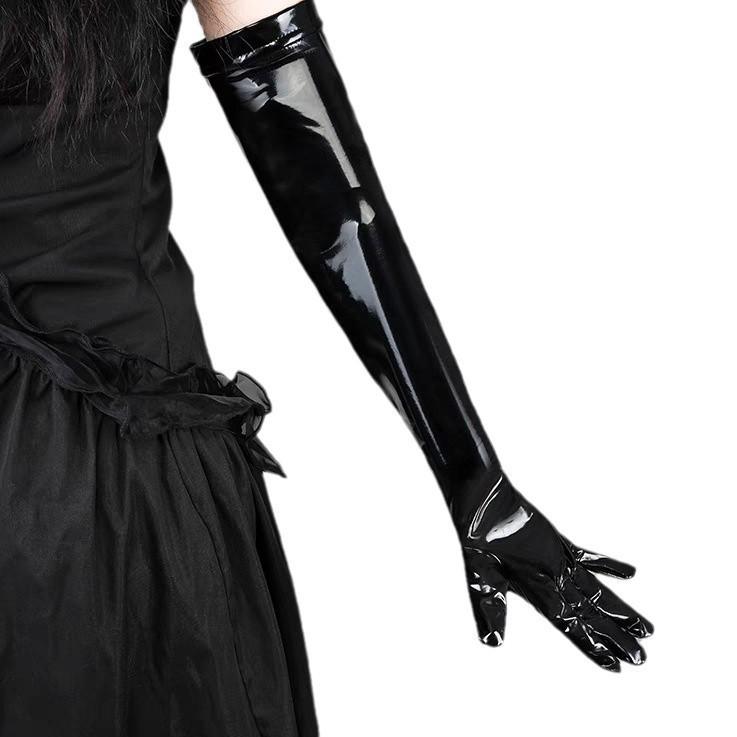 手袋 セクシー ロング丈 エナメル フェイクレザー コスプレ タイトフィット パンク ロック ポールダンス ステージ ダンス パフォーマンス グローブ ブラック イベント ハロウィン