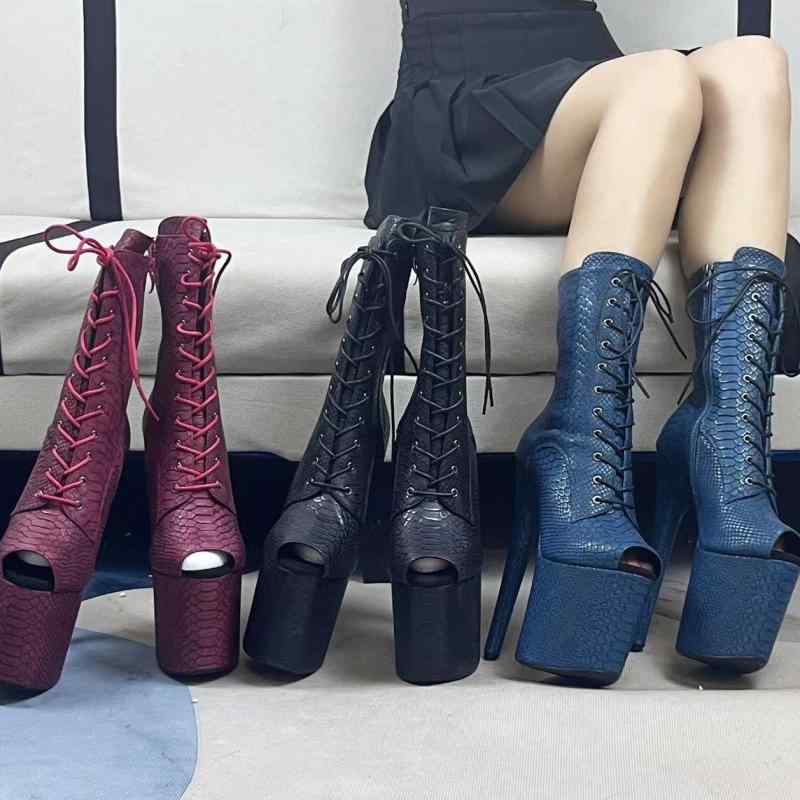 ブーツ ユニセックス 20cmヒール オープントゥ パイソン柄 セクシー 厚底 ピンヒール PUレザー ショートブーツ 欧米スタイル ステージ ポールダンス ランウェイ ファッション ワインレッド ブラック ブルー