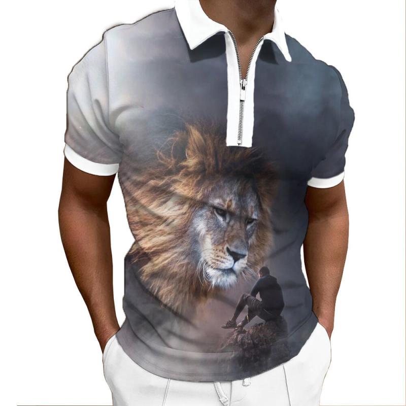 ポロシャツ メンズ 男性用 吸汗速乾 薄手 半袖 春夏 ポリエステル素材 流行 トレンド 3Dプリント 力強いライオン柄 大胆デザイン カジュアルスタイル ウォッシャブル(x2)