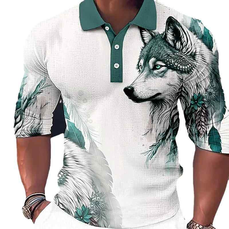 ポロシャツ メンズ 吸汗速乾 通気性 ストレッチ 長袖 ゆったり 3Dデジタルプリント ライオン柄 襟付き ジップ付き 春秋 ポリエステル 大人カジュアル デイリー