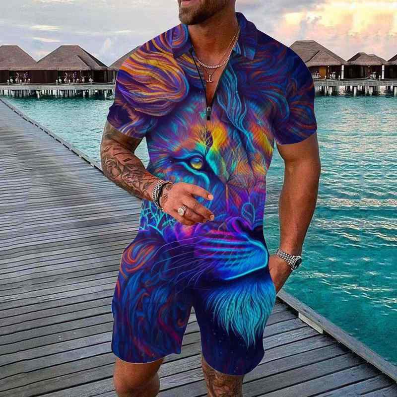 セットアップ メンズ メッシュ素材 3Dプリント ポロシャツ 半袖 ショートパンツ 欧米風 トラ ライオン柄 ポリエステル 大人カジュアル 上下セット 春夏(x2)