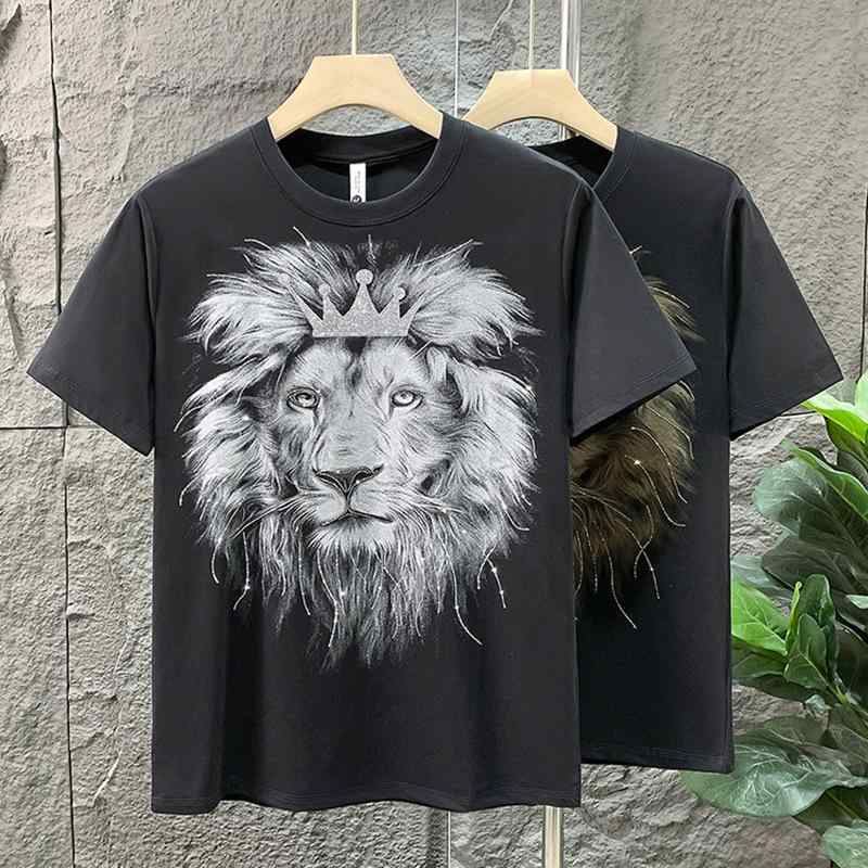 Tシャツ メンズ クルーネック ラインストーン ビッグライオン柄 半袖 スリムフィット 接触冷感 薄手 通..