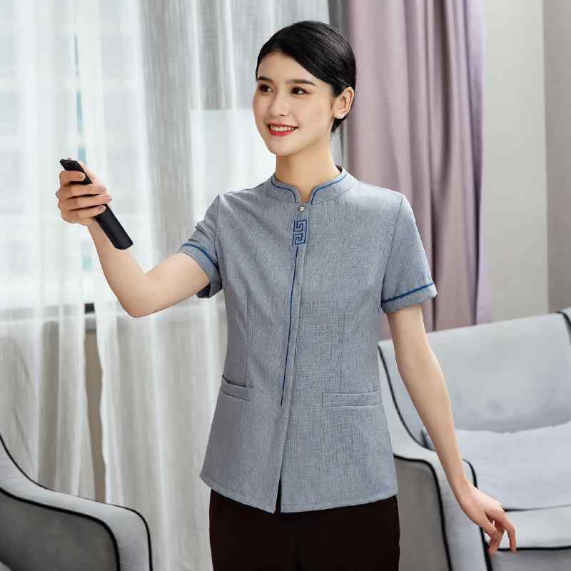 清掃ユニフォーム 男女兼用 半袖 吸汗速乾 綿混素材 ホテル 旅館 病院 施設管理 ビル管理 客室清掃員 クリーニングスタッフ 作業着 制服 上着 トップス 春夏 ブルー グレー ベージュ
