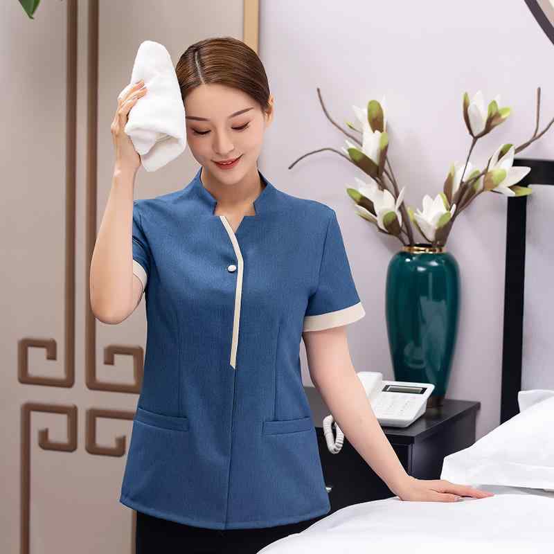 清掃 作業服 レディース 吸汗速乾 半袖 ユニフォーム ホテル 病院 介護 スタッフ ワークウェア 夏用 綿混紡 ポリエステル混紡 グレー ブルー ベージュ