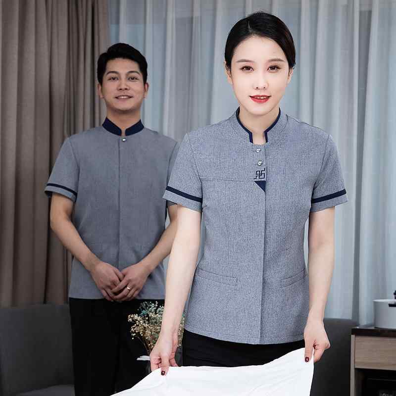 清掃服 男女兼用 吸湿速乾 春夏 軽量 半袖 ホテル清掃 商業施設 客室清掃 ビルメンテナンス 施設管理 ユニフォーム 作業着 トップス ポリエステル綿混 ブルー グレー