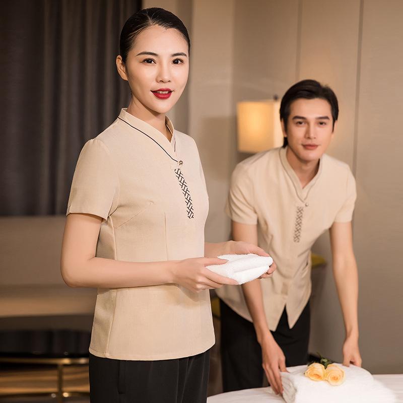 半袖 作業服 吸汗速乾 清掃 物件管理 ホテル 客室 クリーニングスタッフ 男女兼用 ユニセックス ユニフォーム 制服 トップス 夏用 綿混 ポリエステル混 グレー ブルー ベージュ 動きやすい 快適