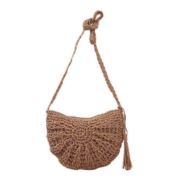 麦わらバッグ レディース ショルダー 斜めがけ 肩掛け 水餃子型 ファスナー開閉 ミニ 編み込み 森ガール風 ビーチ リゾート 春夏 カジュアル カーキ オフホワイト(x2)(4)