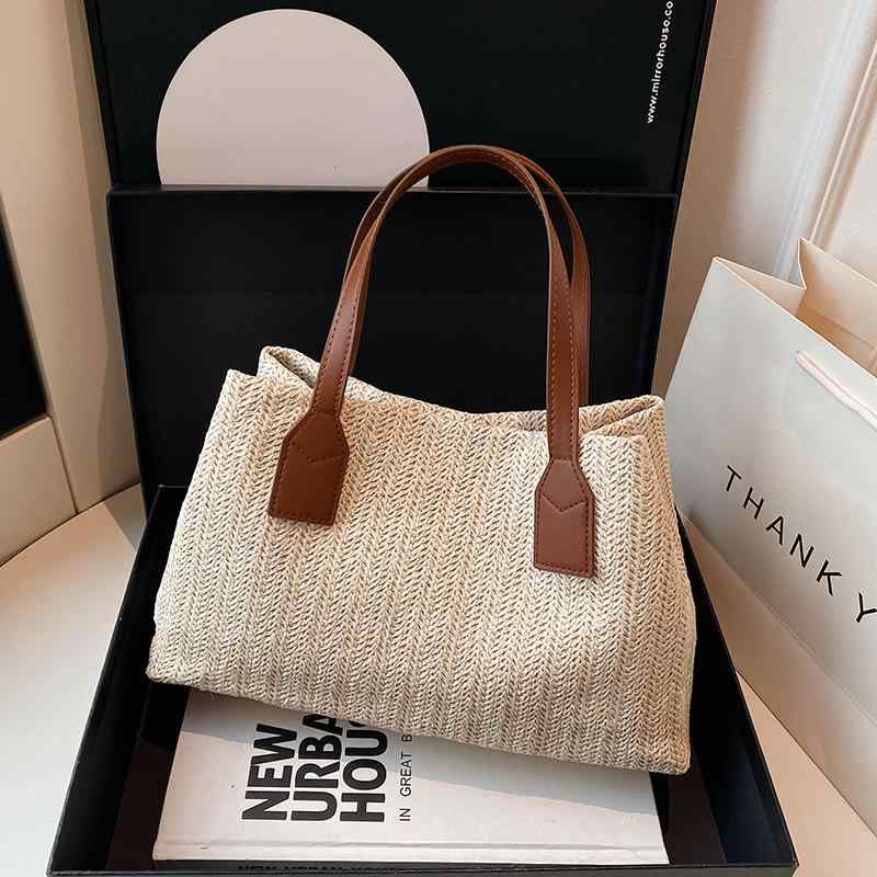 トートバッグ 草編み 手提げ 春夏 カジュアル リゾート デイリーユース 大容量 横型 スクエア マグネッ..