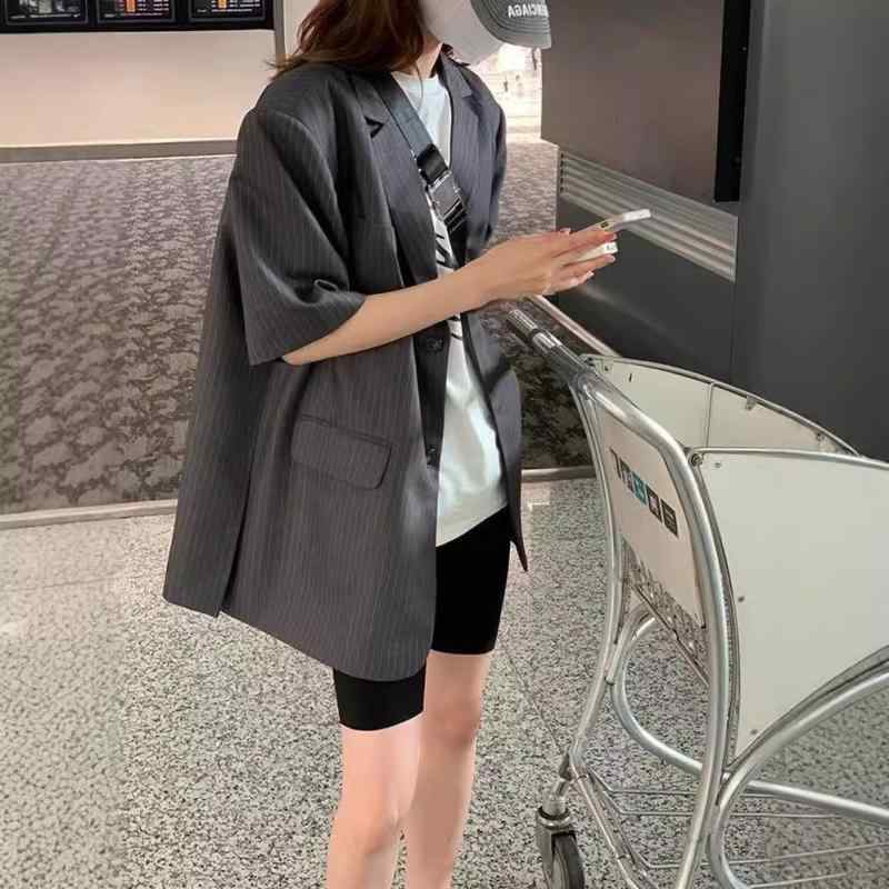 サマーテーラードジャケット レディース 半袖 薄手 ストライプ ポロ襟 ポリエステル素材 カジュアル 通勤 オフィス きれいめ 高級感 大人 グレー