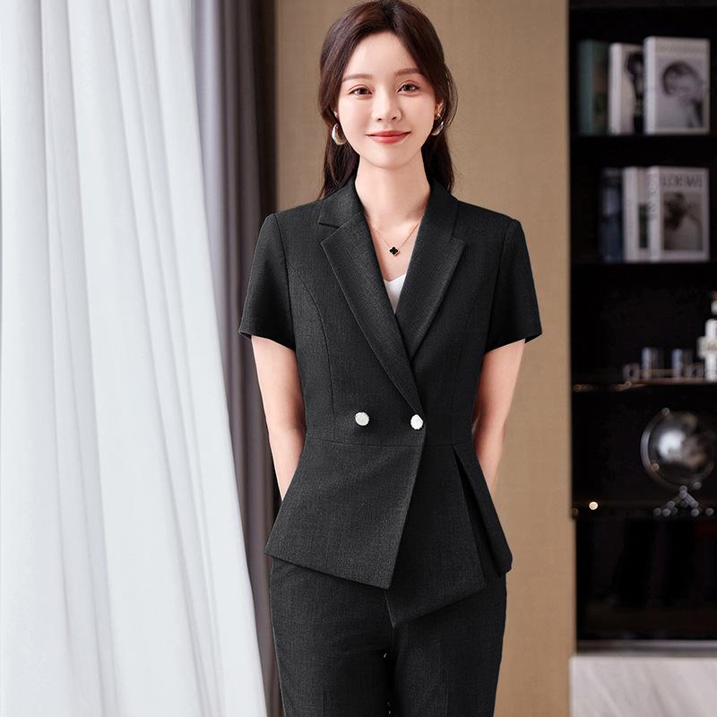 スーツ セットアップ レディース 半袖 薄手 しわになりにくい ビジネス オフィス 制服 ホテル 事務服 通勤 上品 エレガント 春夏 ポリエステル テーラードジャケット スリムフィット(x2)