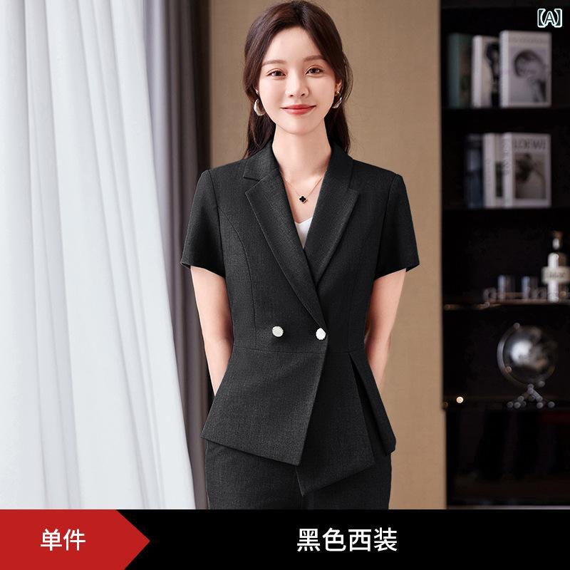 スーツ セットアップ レディース 半袖 薄手 しわになりにくい ビジネス オフィス 制服 ホテル 事務服 通勤 上品 エレガント 春夏 ポリエステル テーラードジャケット スリムフィット(x2)