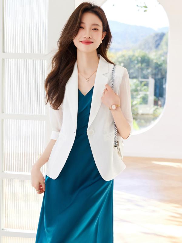 ジャケット レディース テンセル 白 薄手 軽量 イージーケア 小柄 低身長 七分袖 ワンピース セットア..