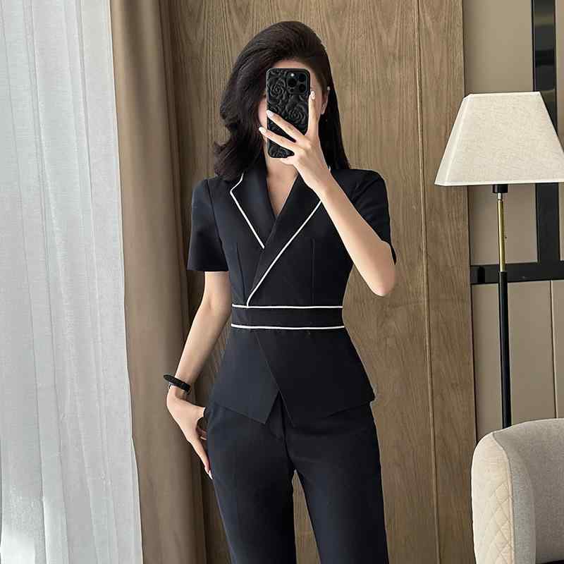 スーツ レディース 春夏 半袖 薄手 スリム オフィス 制服 ユニフォーム 受付 接客 エステ 美容サロン(4)