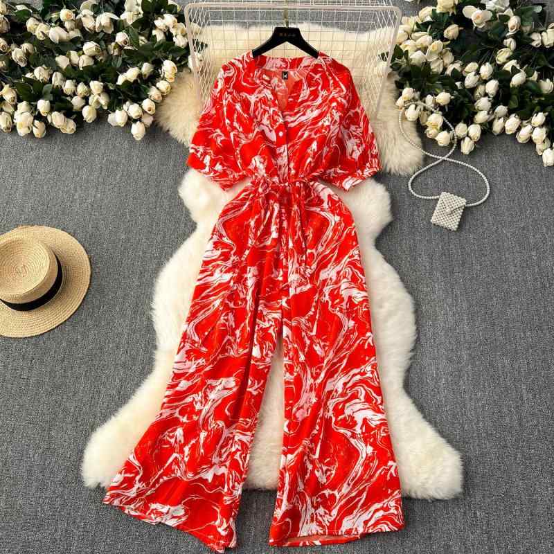 オールインワン レディース リゾートウェア 大人カジュアル 高級感 ハイウエスト 細見え 上品 半袖 プリント ワイドパンツ 薄手 ドローストリング 春夏