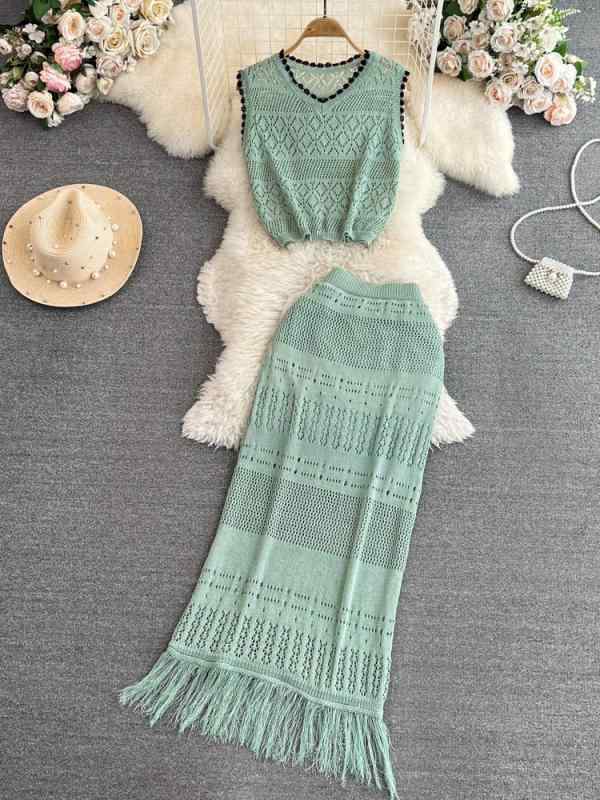 セットアップ レディース 韓国風 配色 ラウンドネック 透かし編み ニットベスト フリンジ ハイウエスト..
