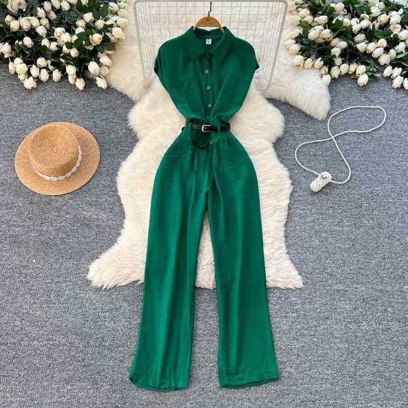 オールインワン レディース 夏物 きれいめ 襟付き 半袖 ウエストマーク 着痩せ効果 カジュアル ハイウエスト ロング丈 通勤 コンビネゾン ポリエステル ストレッチ