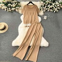 セットアップ レディース 半袖ニット ハイウエスト ワイドパンツ 2点セット 韓国ファッション ゆったり リラックス おしゃれ 体型カバー 大人カジュアル ルームウェア ポリエステル