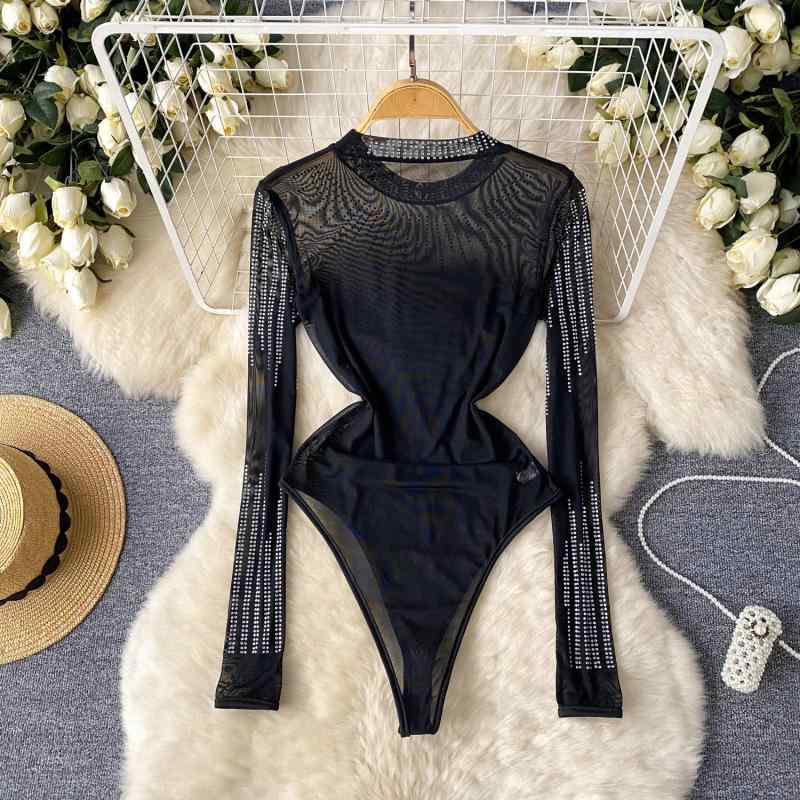 ボディスーツ レディース シースルー メッシュ ラインストーン クルーネック 長袖 薄手 高伸縮 スリム..