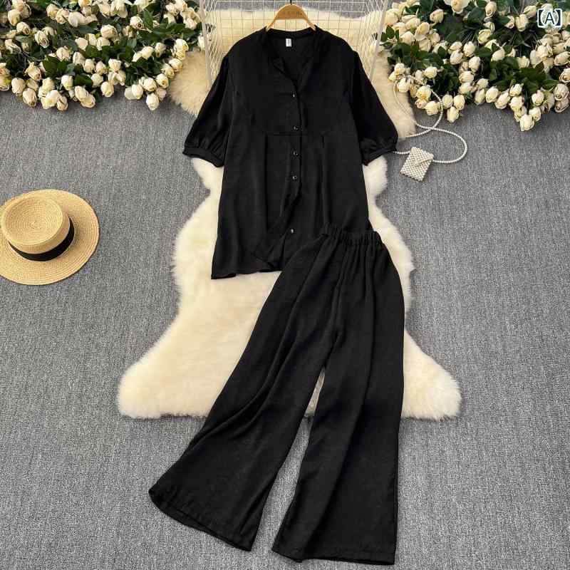 セットアップ レディース 体型カバー 若見え ゆったり カジュアルスタイル ルームウェア 半袖シャツ とろみ素材 ワイドパンツ 無地 2点セット 春夏