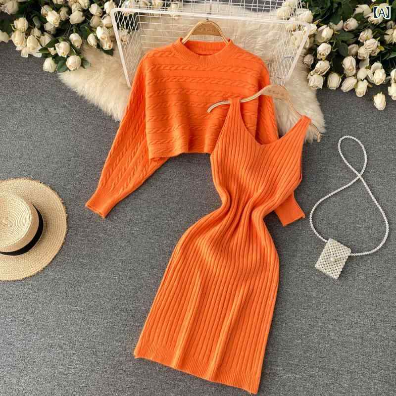 セットアップ レディース フレンチスタイル エレガント 光沢感 キャミソールワンピース タイト ドルマンスリーブ 半袖 ショート丈 ニットトップス ゆったり 春夏 フリーサイズ カジュアル 2点セット(4)