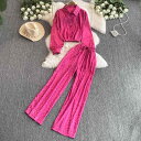 セットアップ レディース きれいめ 通勤 春夏 ヒョウ柄 ジャガード織り 長袖シャツ ウエストゴム ゆったり ロングパンツ 2点セット 大人 カジュアル