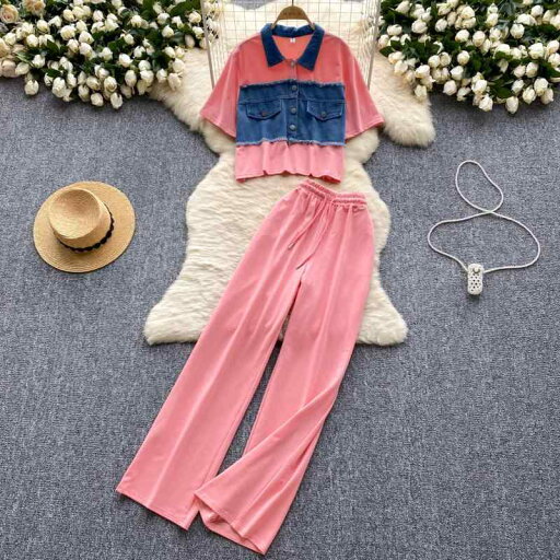 セットアップ レディース 夏 半袖Tシャツ デニム 切り替え ハイウエスト ワイドパンツ ロングパンツ 着痩せ スタイルアップ カジュアル 欧米風 ヴィンテージ風 セットアップ レディース 夏 半袖Tシャツ デニム 切り替え ハイウエスト ワイドパンツ ロングパンツ 着痩せ スタイルアップ カジュアル 欧米風 ヴィンテージ風
