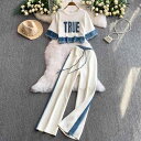 カジュアルセットアップ レディース デニム 半袖 切り替え フリンジ ハイウエスト 細見え ワイドパンツ 個性的 デザイン 大人カジュアル きれいめ ホワイト ブラック 2点セット