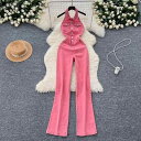 レディース オールインワン サロペット 細見え スタイルアップ ハイウエスト バックオープン ノースリーブ デニム ストレッチ 春夏 レトロ 韓国風 襟付き ホルターネック シングルボタン ジーンズ