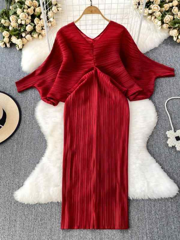 ワンピース レディース 春夏 通勤 エレガント プリーツ ドルマンスリーブ Vネック ウエストマーク 着痩せ ハイウエスト レトロ ミモレ丈 タイトワンピース 無地 ポリエステル