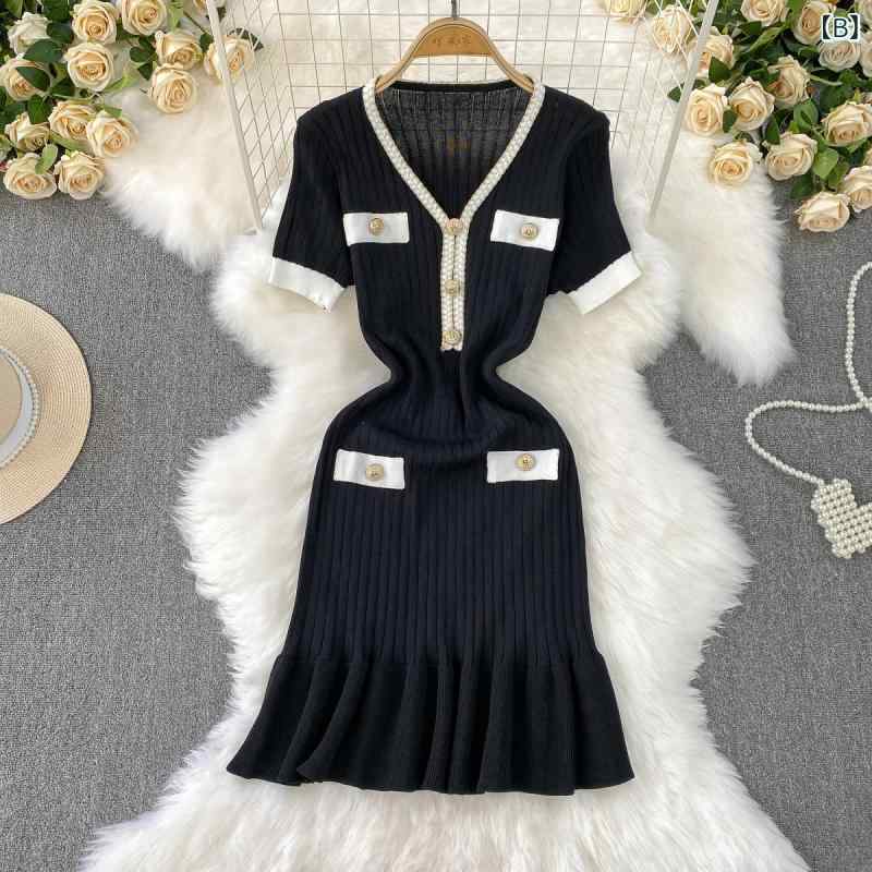ワンピース レディース 接触冷感 Vネック 半袖 ニット 金ボタン ウエストマーク スタイルアップ ハイウエスト マーメイド バイカラー フレンチレトロ きれいめ 通勤 夏