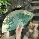 扇子 夏用 竹製 折りたたみ 絹生地 ハンドメイド 古風 レトロ 中華風 ダンス 演舞 舞台 発表会 漢服 チャイナドレス 浴衣 着物 和装小物 緑色 グラデーション 42cm