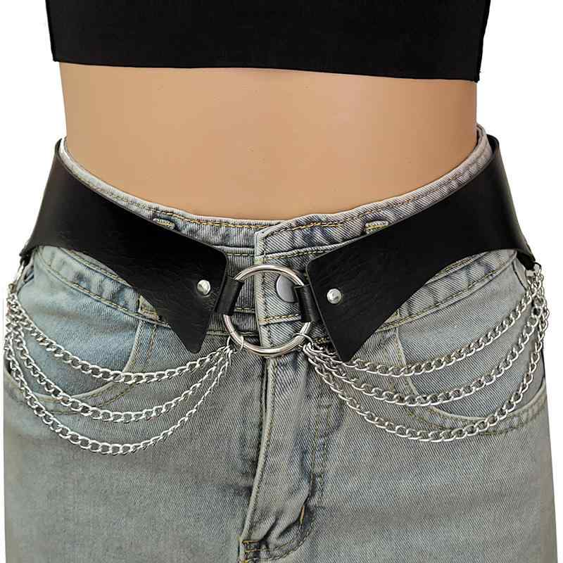 ウエストチェーン レディース 個性的 パンクスタイル メタル 弧状 多層チェーン Oリング フェイクレザーベルト アクセサリー スカート パンツ スラックス 万能 白 黒 赤 カジュアル オールシーズン(x2)