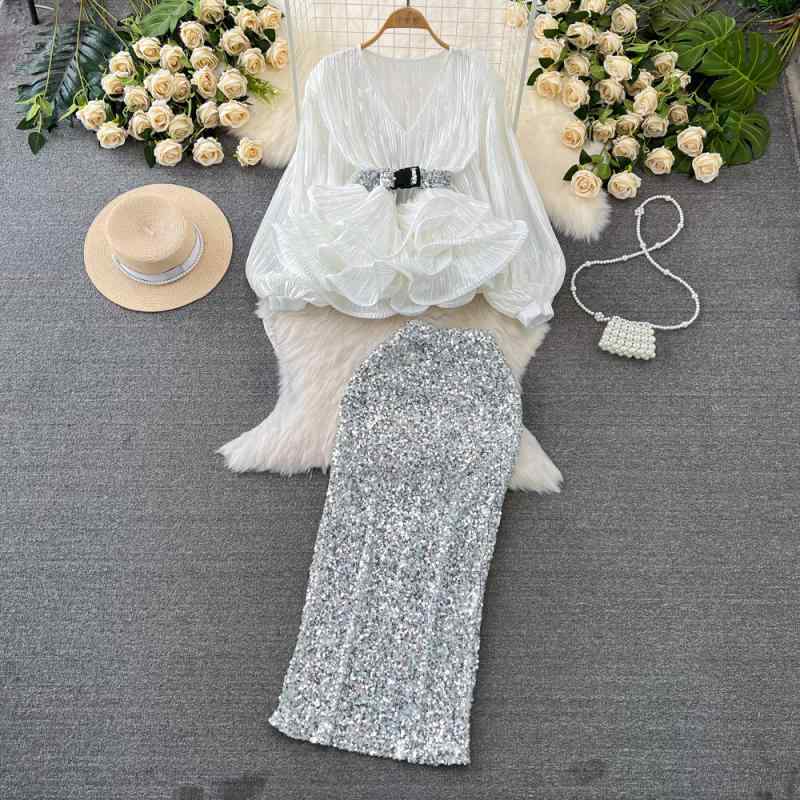 セットアップ レディース 名媛風 エレガント きれいめ 光沢感 シャイニー ランタンスリーブ 長袖 Vネッ..