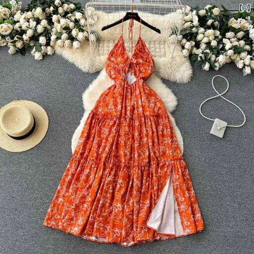 ワンピース レディース 夏 フレンチスタイル バックオープン Vネック スリット 小花柄 キャミソール ウエストマーク 細見え Aライン ハイウエスト エレガント リゾート マキシ丈