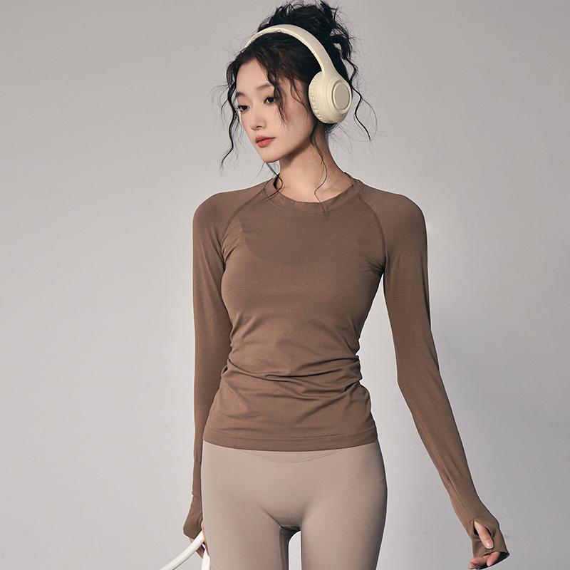 ヨガウェア トップス レディース 秋冬 高弾性 ストレッチ 細見え クルーネック 長袖 ピラティス トレー..