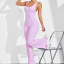 ヨガウェア レディース 吸汗速乾 シームレス ハイストレッチ ヒップアップ 美背デザイン ノースリーブ リブ フレアパンツ オールインワン ナイロン素材 フィッ...