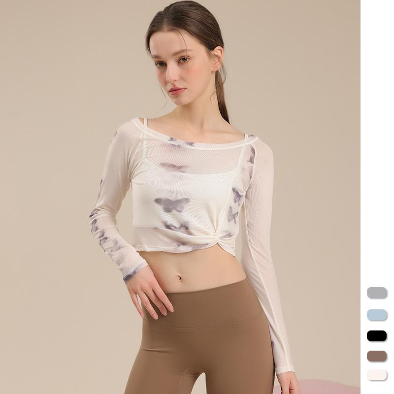 トップス レディース 吸汗速乾 メッシュ フェイクレイヤード 長袖 カップ付き 花柄 ヨガ ピラティス フィットネス ランニング ジム スポーツウェア