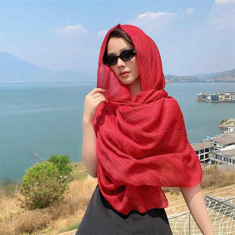 ショール 薄手 大判 日よけ UV対策 オールシーズン 旅行 民族風 綿麻 スカーフ レトロレッド しわ加工 クレープ織り 保温 ボヘミアン風