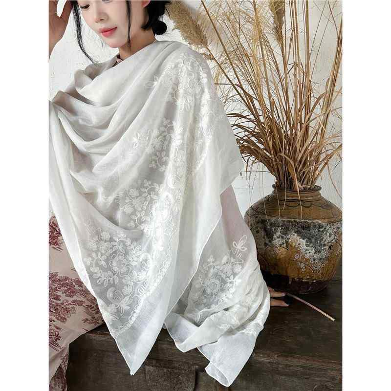 ストール レディース UVカット 薄手 刺繡 民族風 レトロ ボヘミアン チャイナ風 高級感 旅行 写真映え 春夏 オフホワイト 綿素材 オールシーズン ショール 大判