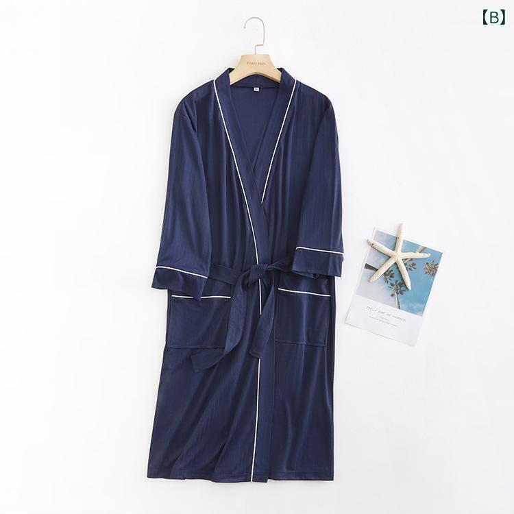 バスローブ メンズ レディース カップル 春夏 薄手 軽量 吸水速乾 ストライプ柄 ホテル仕様 お風呂上がり ルームウェア パジャマ Vネック シンプル カジュアル ポリエステル綿混