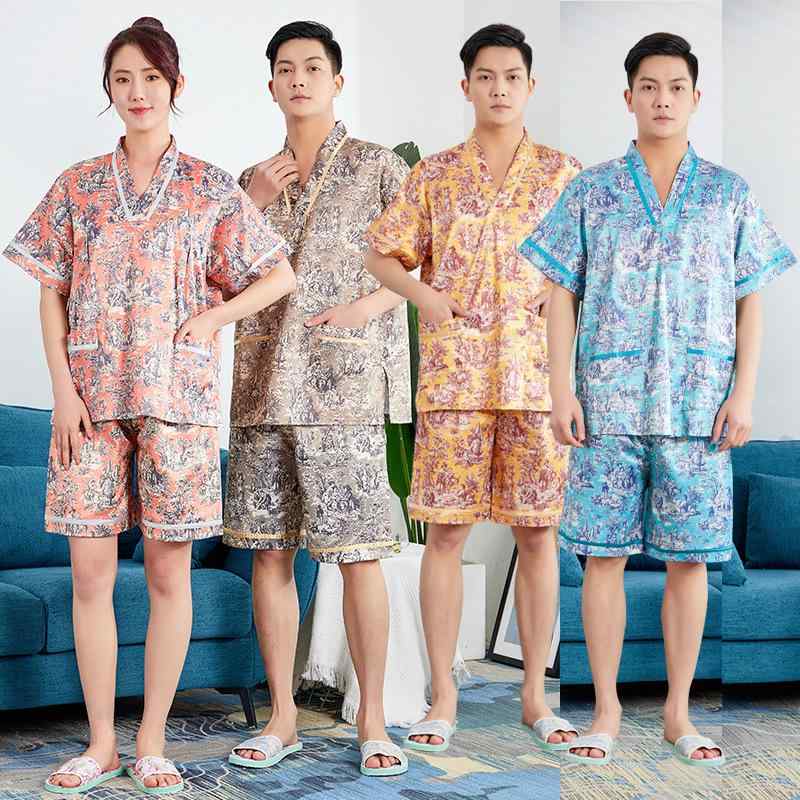 館内着 男女兼用 メンズ レディース 高級感 ストレッチ サテン素材 ルームウェア パジャマ 半袖 ショートパンツ 上下セット ゆったり 大きいサイズ 体型カバー