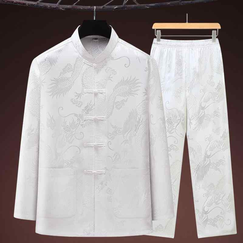 太極拳ウェア メンズ シニア 春夏 八段錦 練習着 新中式 唐装 漢服 龍柄 カンフー服 ポリエステル リネン混紡 長袖 半袖 ゆったり カジュアル 部屋着