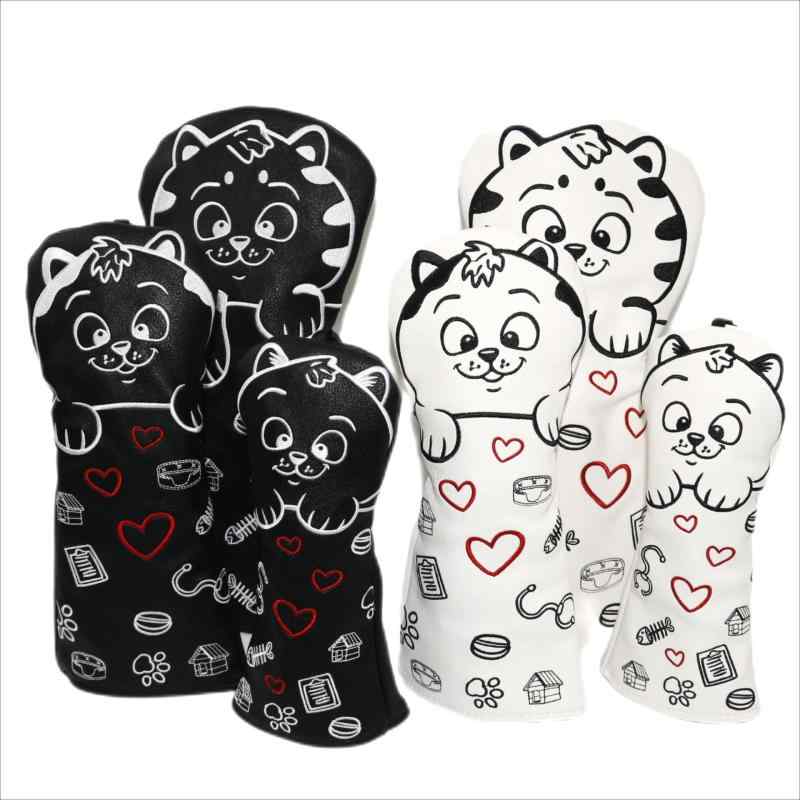 ゴルフ ハート 猫 PUレザー ヘッドカバー ウッド用 1W ドライバー FW フェアウェイウッド UT ユーティ..