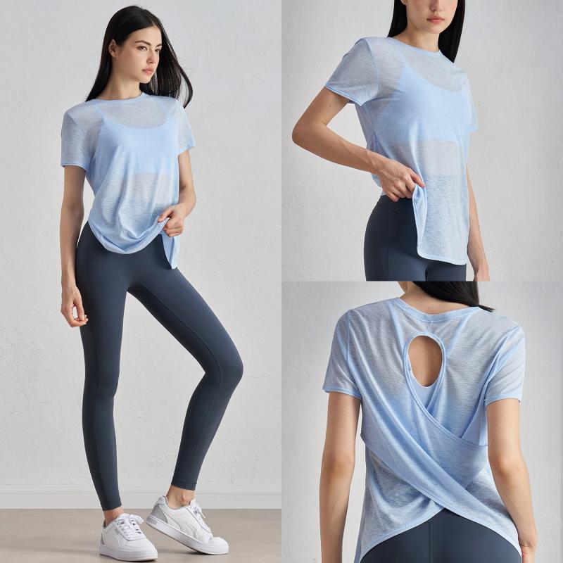 ヨガウェア 半袖 Tシャツ レディース バックシャン 素肌感 透かし編み クロスデザイン ラウンドネック ゆったり スポーツ フィットネス トレーニング ランニング 通気性 吸汗速乾 ポリエステル 夏