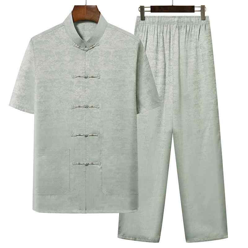 唐装 メンズ 桑蚕シルク 春夏 セットアップ 接触冷感 ゆったり カジュアル 漢服 太極拳服 刺繍入り シニア向け ブルー ブラック